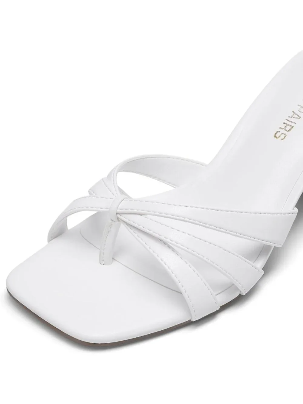 Women's White Faux Leather Square Open Toe Thong Mules Strappy Kitten Heels